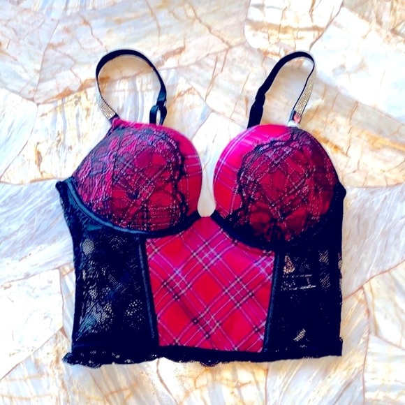 New 32b VS VERY SEXY Bombshell Add-2-Cups Push-Up Corset Top Red Plaid Shine - Picture 1 of 12